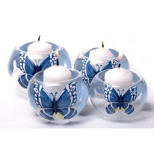 6pc Glass Tealight Candle Holder with Handpainted Butterfly GTL 7134