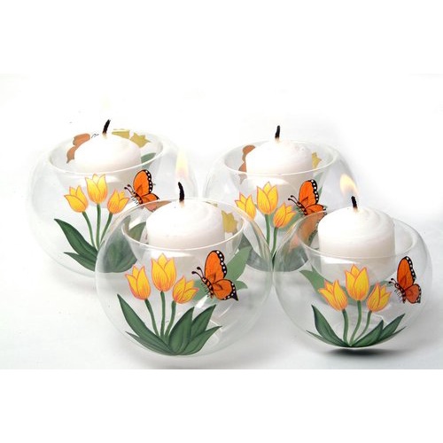 6pc Set Handpainted Glass Tealight Candle Holder Butterfly Flowers GTL 7135