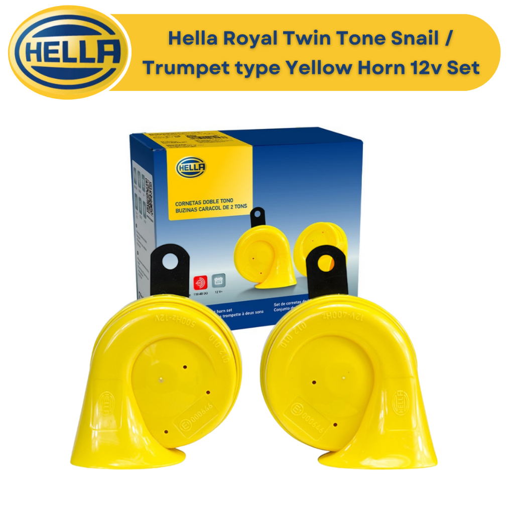 Hella Royal Twin Tone Snail / Trumpet type Yellow Horn Set - Car and Motorcycle Horn 12v