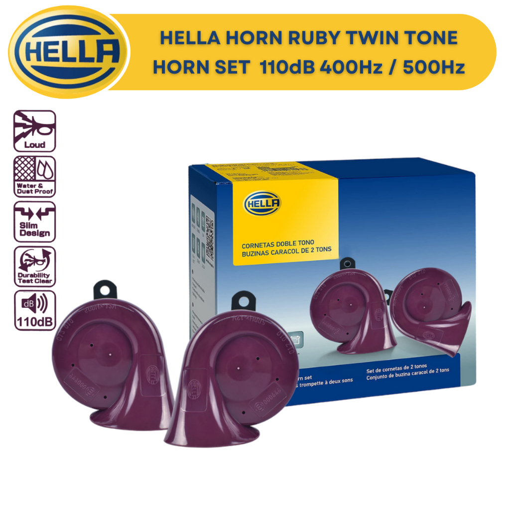 Hella Ruby Twin Tone Horn Set  110dB 400Hz / 500Hz - 12v Car and Motorcycle Horn