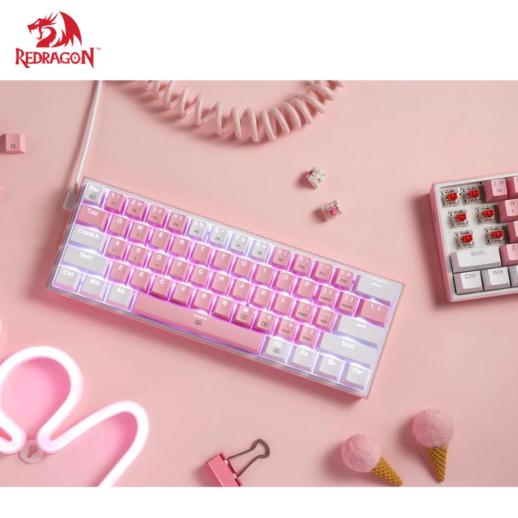 Redragon Fizz K617 RGB 61 Keys 60% Wired Mechanical Gaming Keyboard Outemu Red Switch (Pink/White)