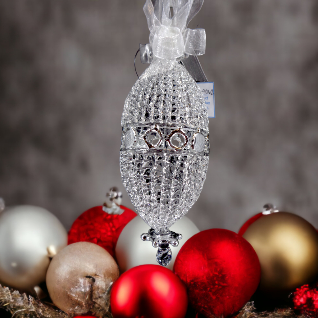 Crochet Glass Christmas Ornaments with Silver Leafing and Organza Ribbon for Xmas Tree Hanging Decor