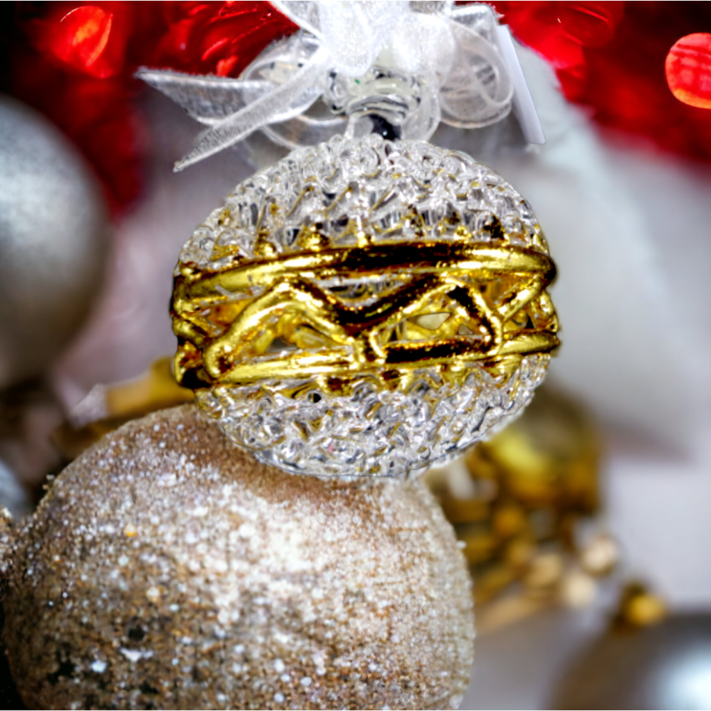 Crochet Glass Christmas Ball Ornaments with Gold Leafing and Organza Ribbon for Xmas Tree Decor