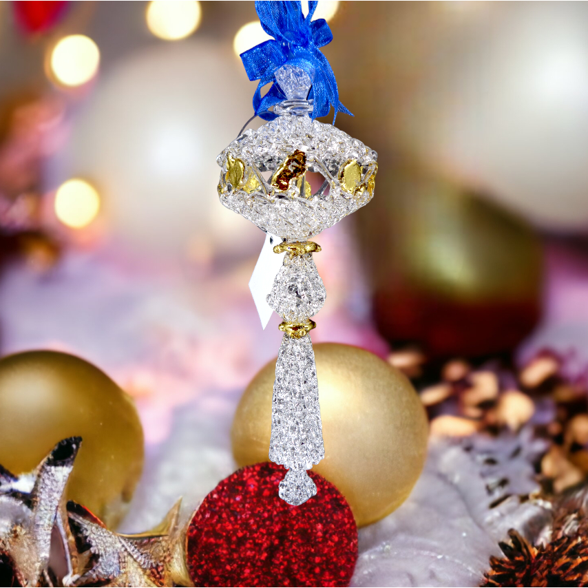 Crochet Glass Christmas Ornaments with Gold Leafing and Organza Ribbon for Xmas Tree Hanging Decor