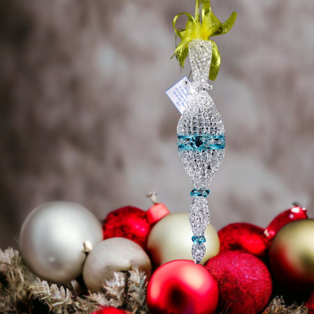Crochet Glass Christmas Ornaments with Blue Leafing and Organza Ribbon for Xmas Tree Hanging Decor