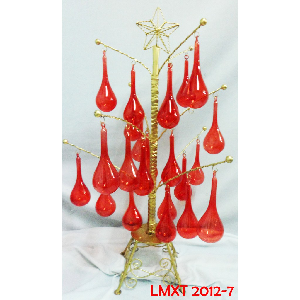 Tabletop Mini Christmas Tree w/ Mini Red Glass Drop Xmas Ornaments