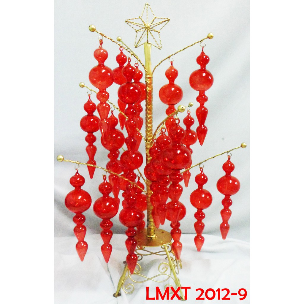 Tabletop Mini Christmas Tree w/ Mini Red Glass Spiral Xmas Ornaments
