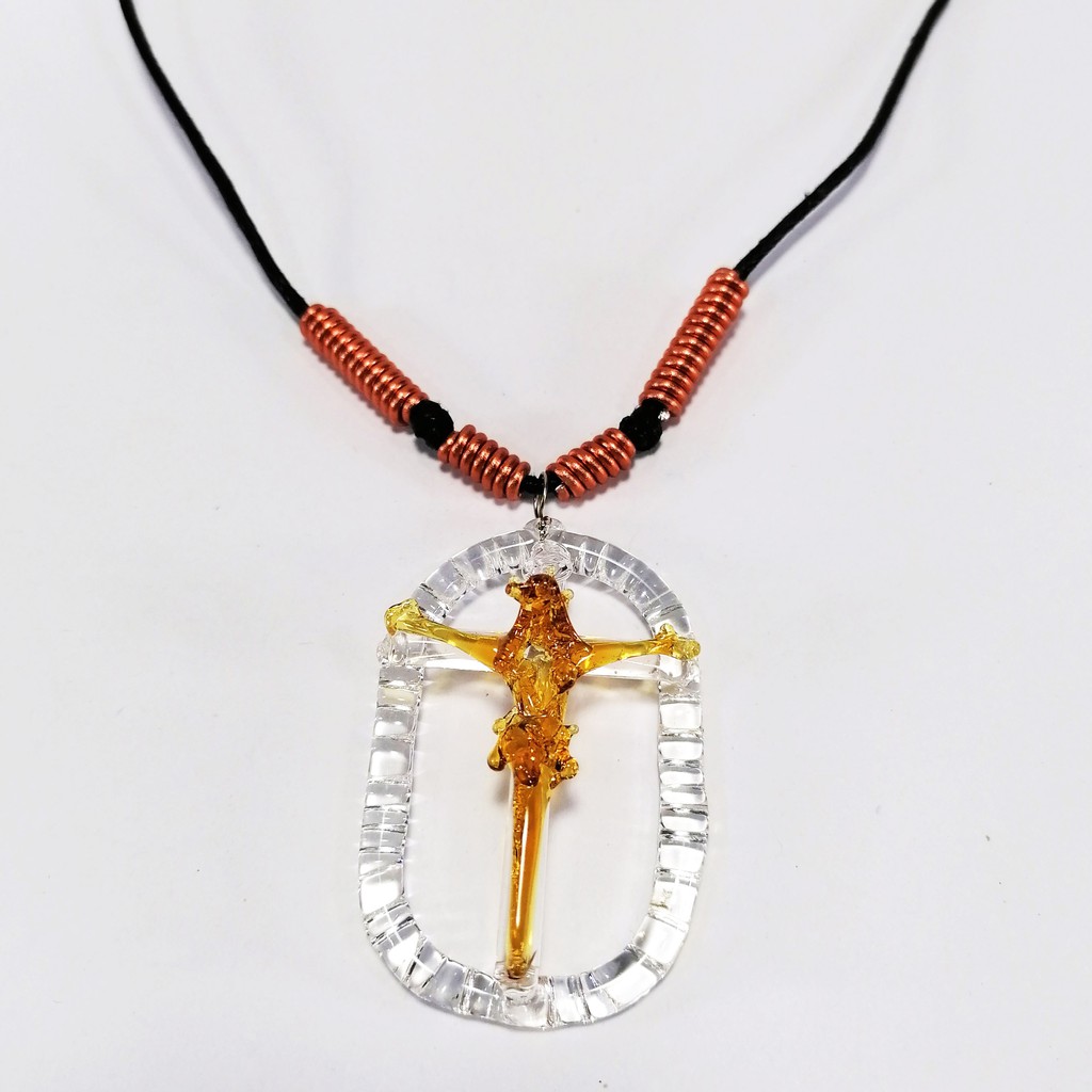 Cross Necklace Oval Glass Crucifix Jesus Pendant Clear 9 Colors