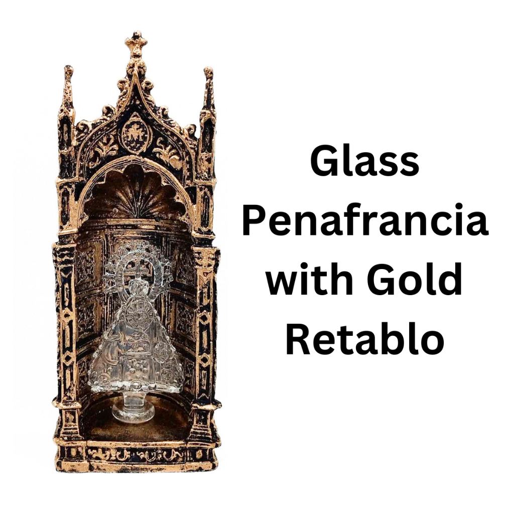 Our Lady of Peñafrancia Glass with Gold Retablo Religious Figurines Home Decor Height: 8.5inches