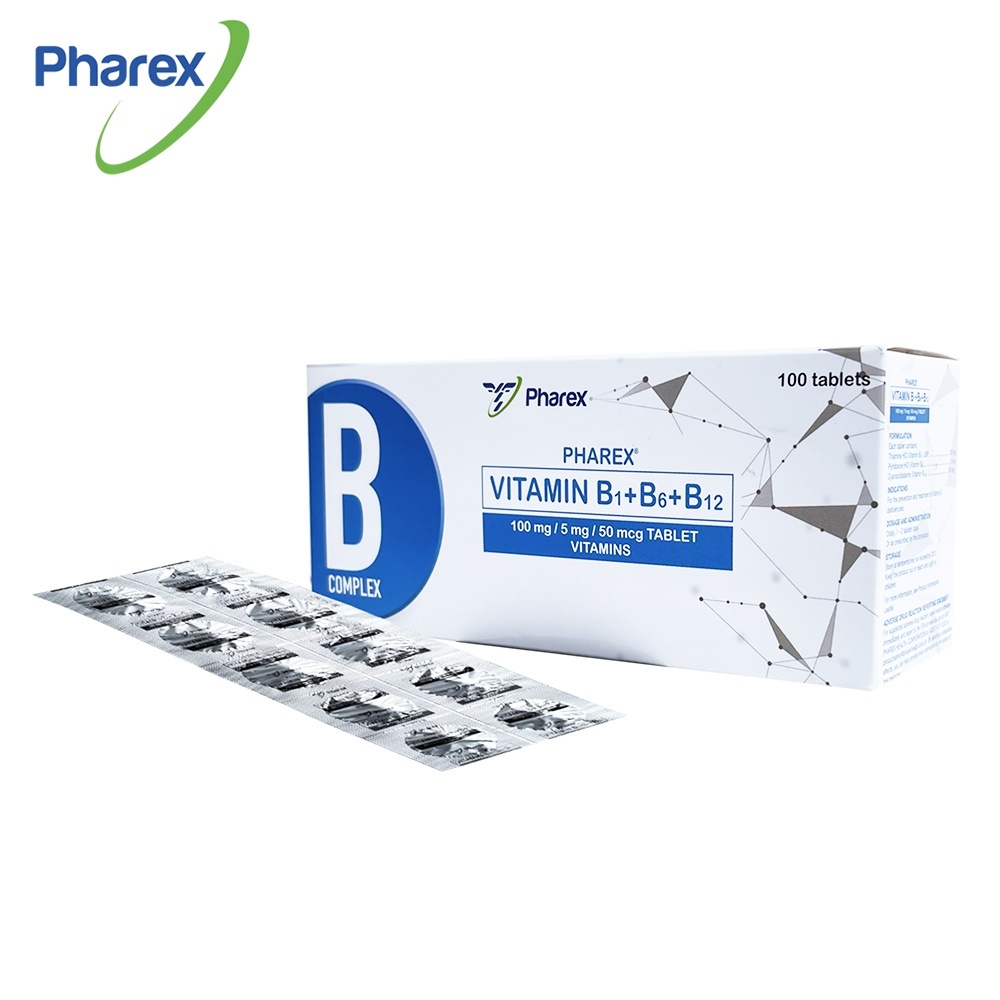 Pharex B-Complex B1+B6+B12 Vitamins for Adult 100mg/5mg/50mcg 100 Tablets (Nerve Health)