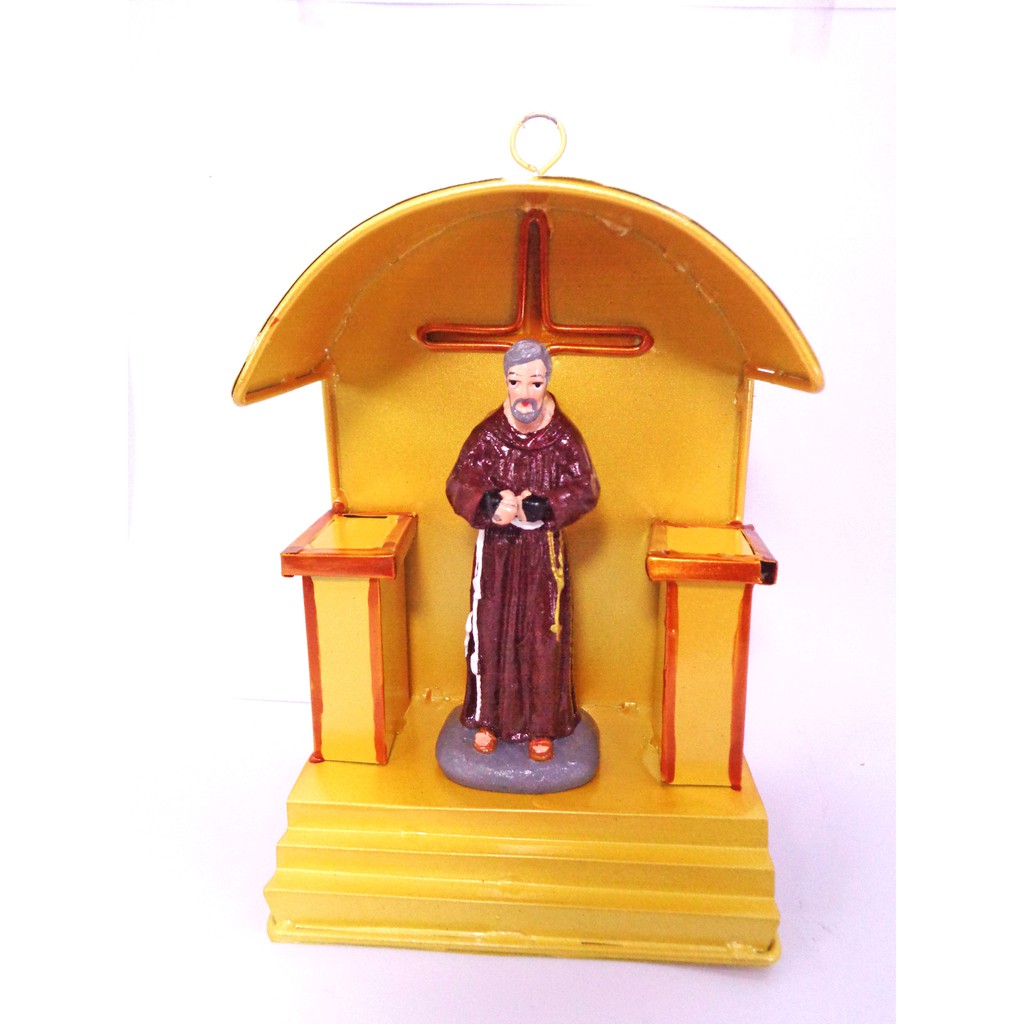 Padre Pio Religious Figurines Santo Home Decor Display in Tin House Yellow Large Size
