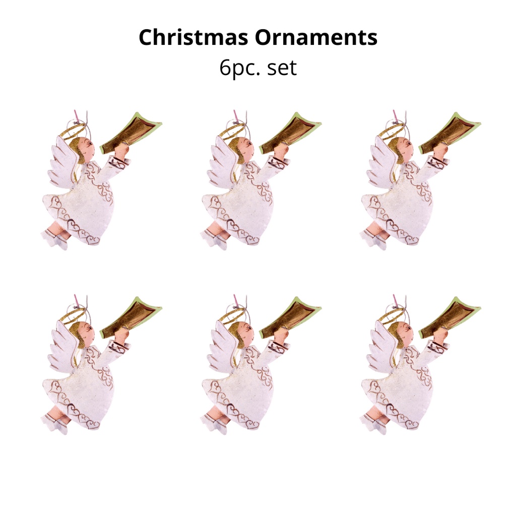 Set of 6pc Tins & Wire Angel Christmas Ornaments for Xmas Tree Ornaments Hanging Decor