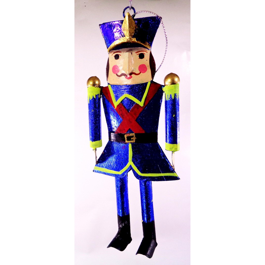 Set of 6pc Tins & Wire Blue Nutcracker Soldier Christmas Ornaments for Xmas Tree Hanging Decor