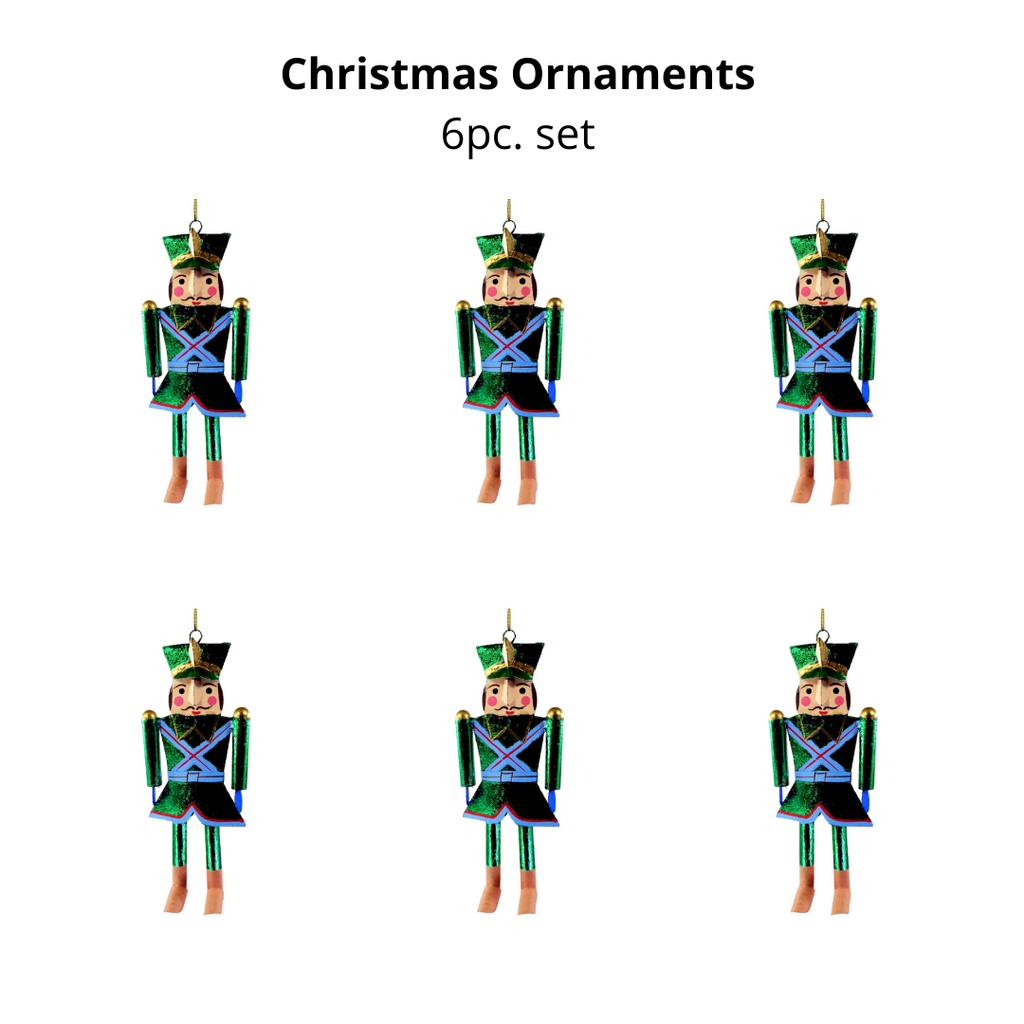 Set of 6pc Tins & Wire Green Nutcracker Soldier Christmas Ornaments for Xmas Tree Hanging Decor