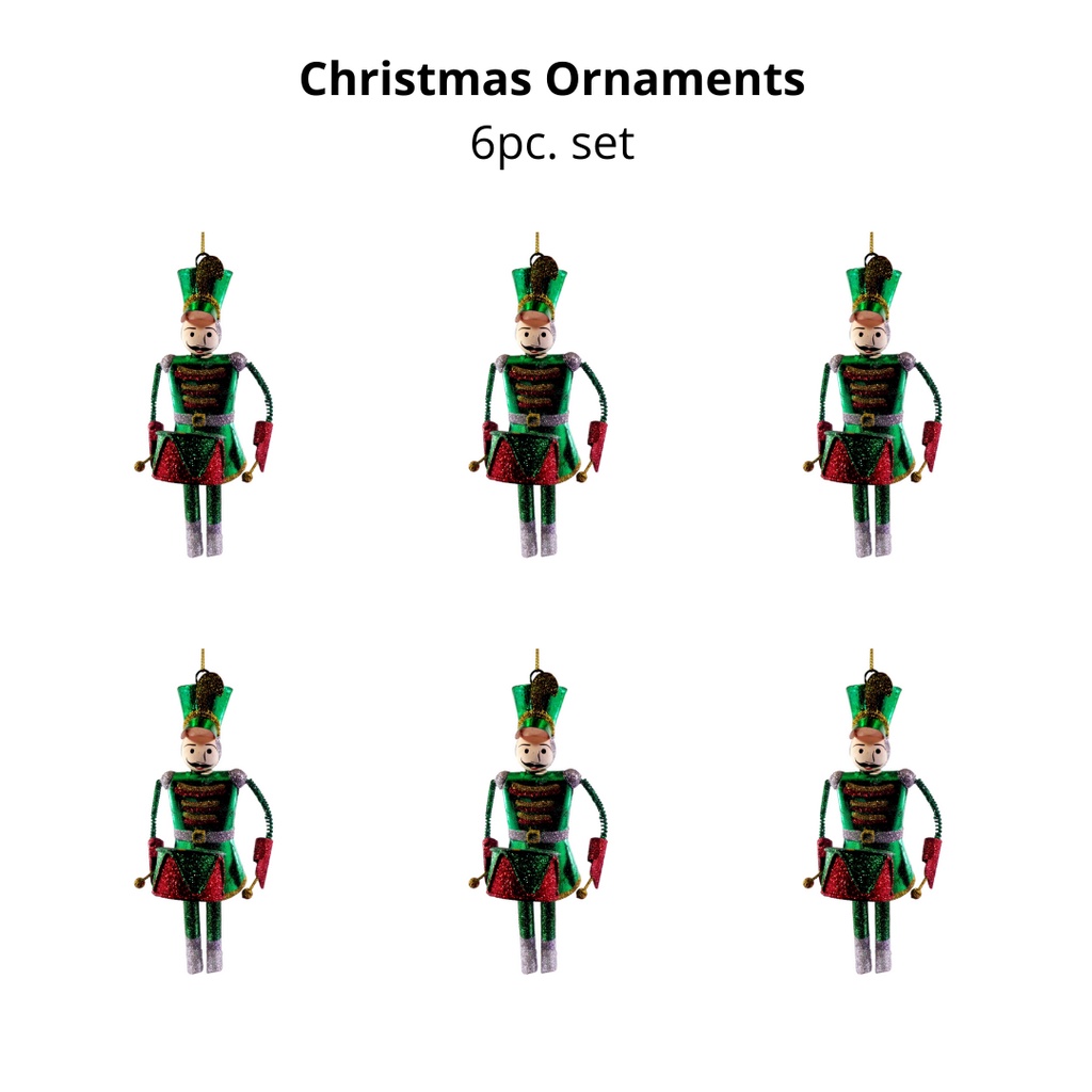 Set of 6pc Tins & Wire Nutcracker Solider with Drums Christmas Ornaments for Xmas Tree Hanging Decor