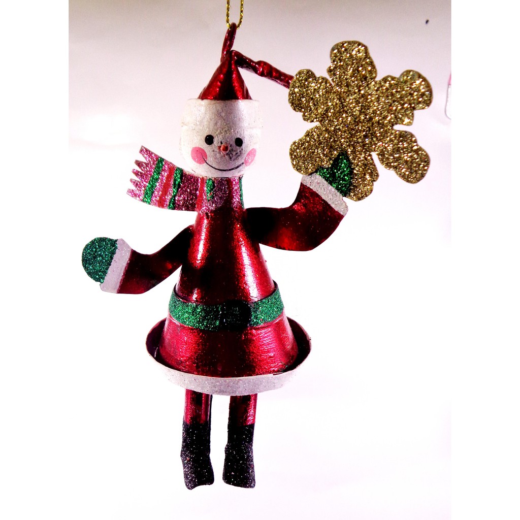 Set of 6pc Tins & Wire Red Snowman with Snowflakes Christmas Ornaments or Xmas Tree Hanging Decor