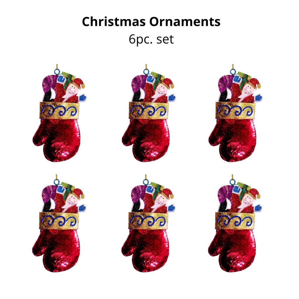 Set of 6pc Tins & Wire Red Christmas Sock Stockings Christmas Ornaments for Xmas Tree Hanging Decor