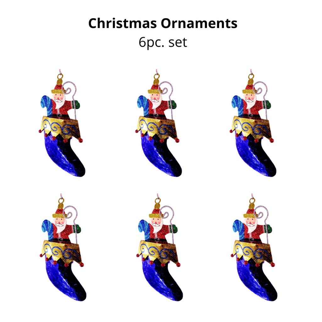 Set of 6pc Tins & Wire Santa Blue Socks Stockings Christmas Ornaments for Xmas Tree Hanging Decor