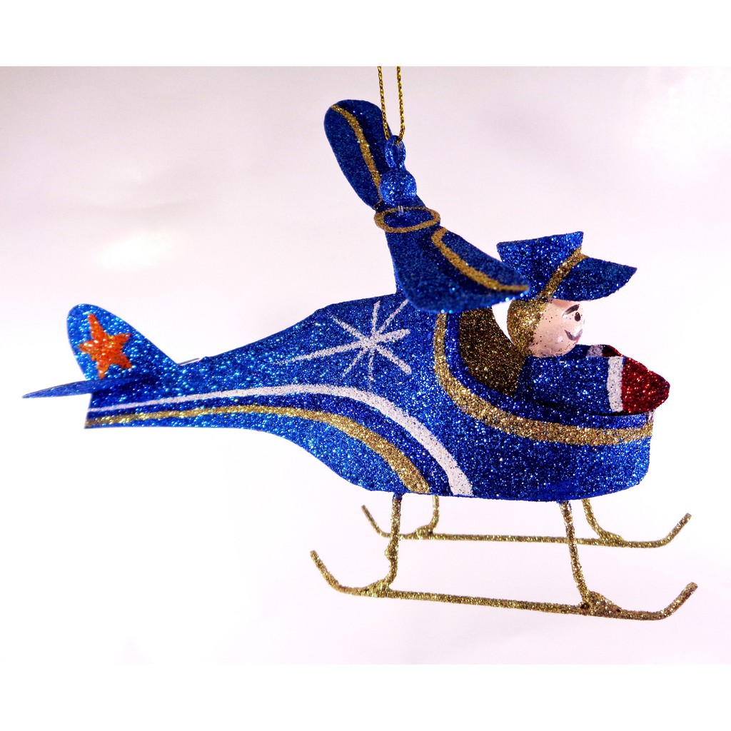 Set of 6pc Tins & Wire Blue Helicopter Christmas Ornaments for Xmas Tree Ornaments Hanging Decor