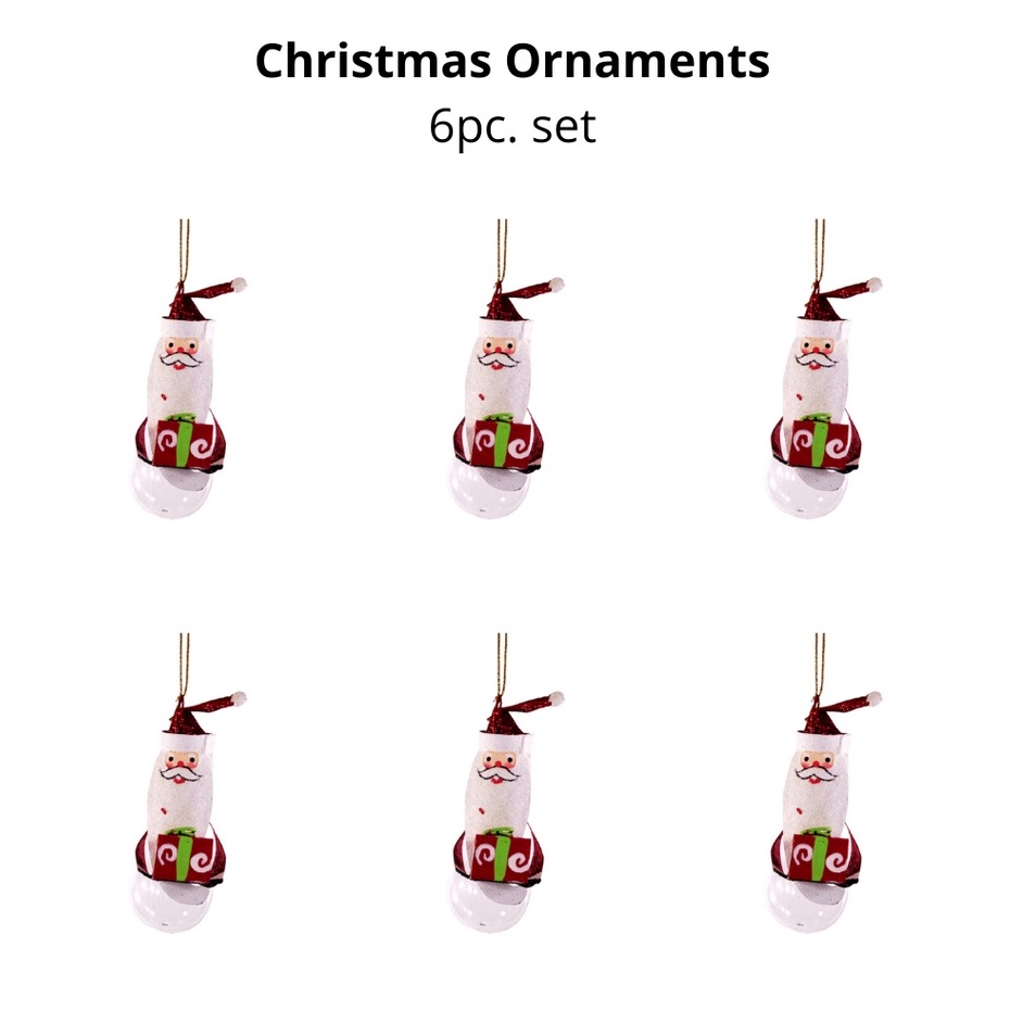 Set of 6pc Tins & Wire Santa Claus Gift with Glass Ball Christmas Ornaments for Xmas Tree Hanging
