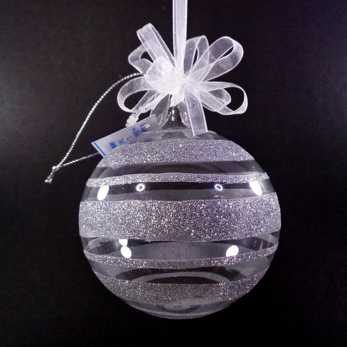 Set of 6pc Glass Christmas Ball Ornaments with Silver Glitter Design & Organza Ribbon for Xmas Tree