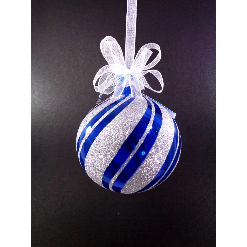 Set of 6pc Blue Glass Christmas Ornaments with Silver Glitter Design & Organza Ribbon for Xmas Tree