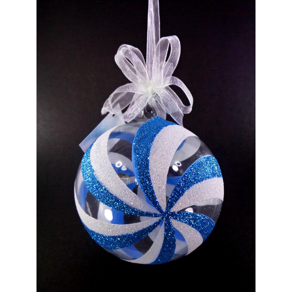 Set of 6pc Glass Christmas Ornaments with Blue White Glitter Design and Organza Ribbon for Xmas Tree