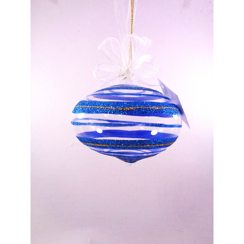 Set of 6pc Glass Christmas Ornaments with Glitter Design and Organza Ribbon for Xmas Tree Ornaments