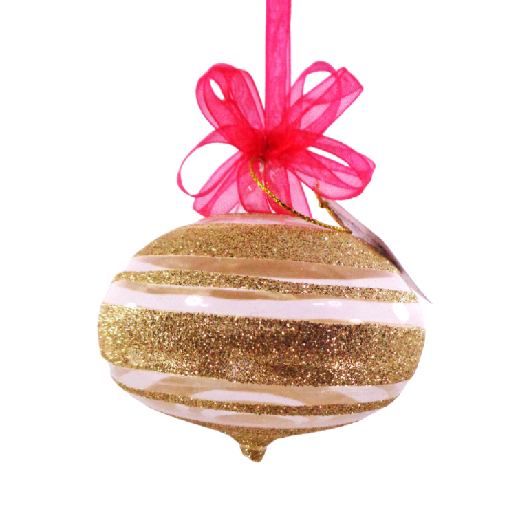Glass Christmas Ornaments Gold Trumpo Glitter Stripe 6pc Set for Xmas Tree Decor