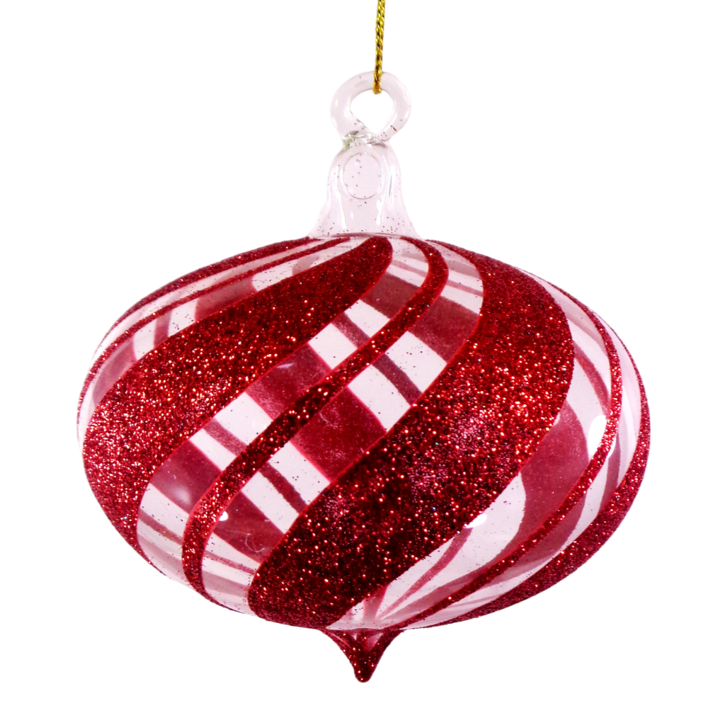Glass Christmas Ornaments Red Trumpo Glitter Swirl 6pc Set for Xmas Tree Decor