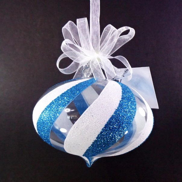 Set of 6pc Glass Christmas Ornaments with Blue White Glitter Design and Organza Ribbon for Xmas Tree
