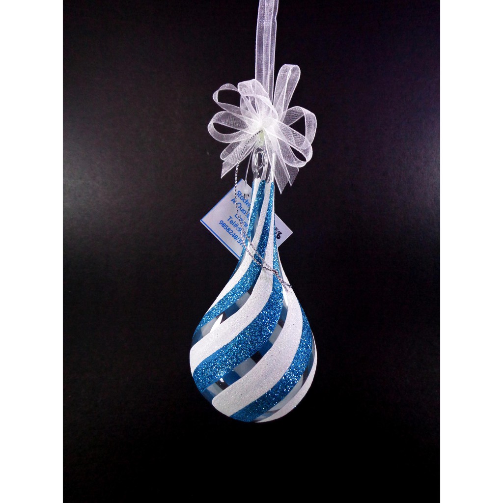 Set of 6pc Glass Christmas Ornaments with Blue White Glitter Design and Organza Ribbon for Xmas Tree