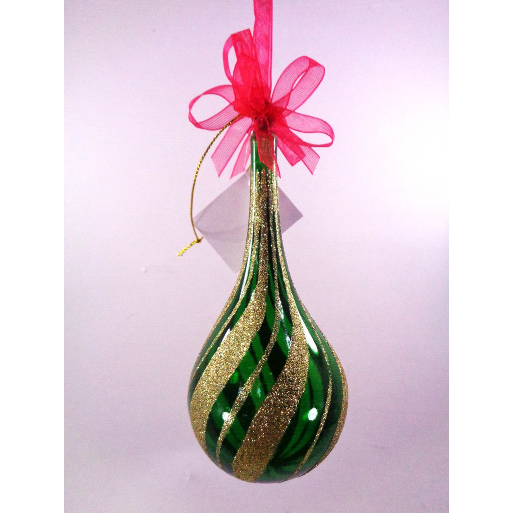 Set of 6pc Glass Christmas Drop Ornaments with Green Glitter Design and Organza Ribbon for Xmas Tree