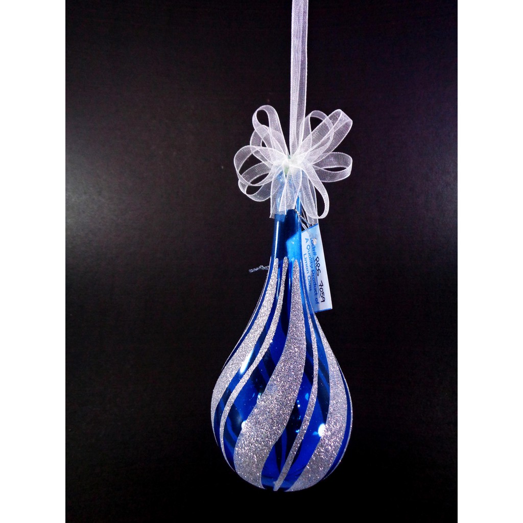 Set of 6pc Blue Glass Christmas Ornaments with Silver Glitter Design & Organza Ribbon for Xmas Tree