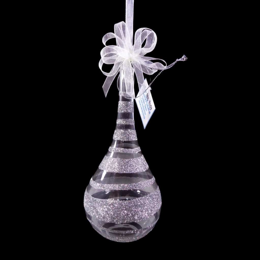 Glass Christmas Drop Ornament Silver Glitter Stripe 6pc Set for Xmas Tree Decor