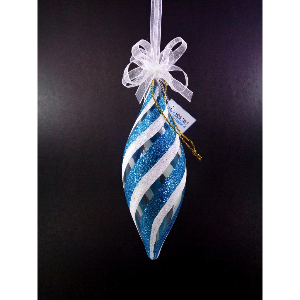 Set of 6pc Glass Christmas Ornaments with Swirl Glitter Design and Organza Ribbon for Xmas Tree