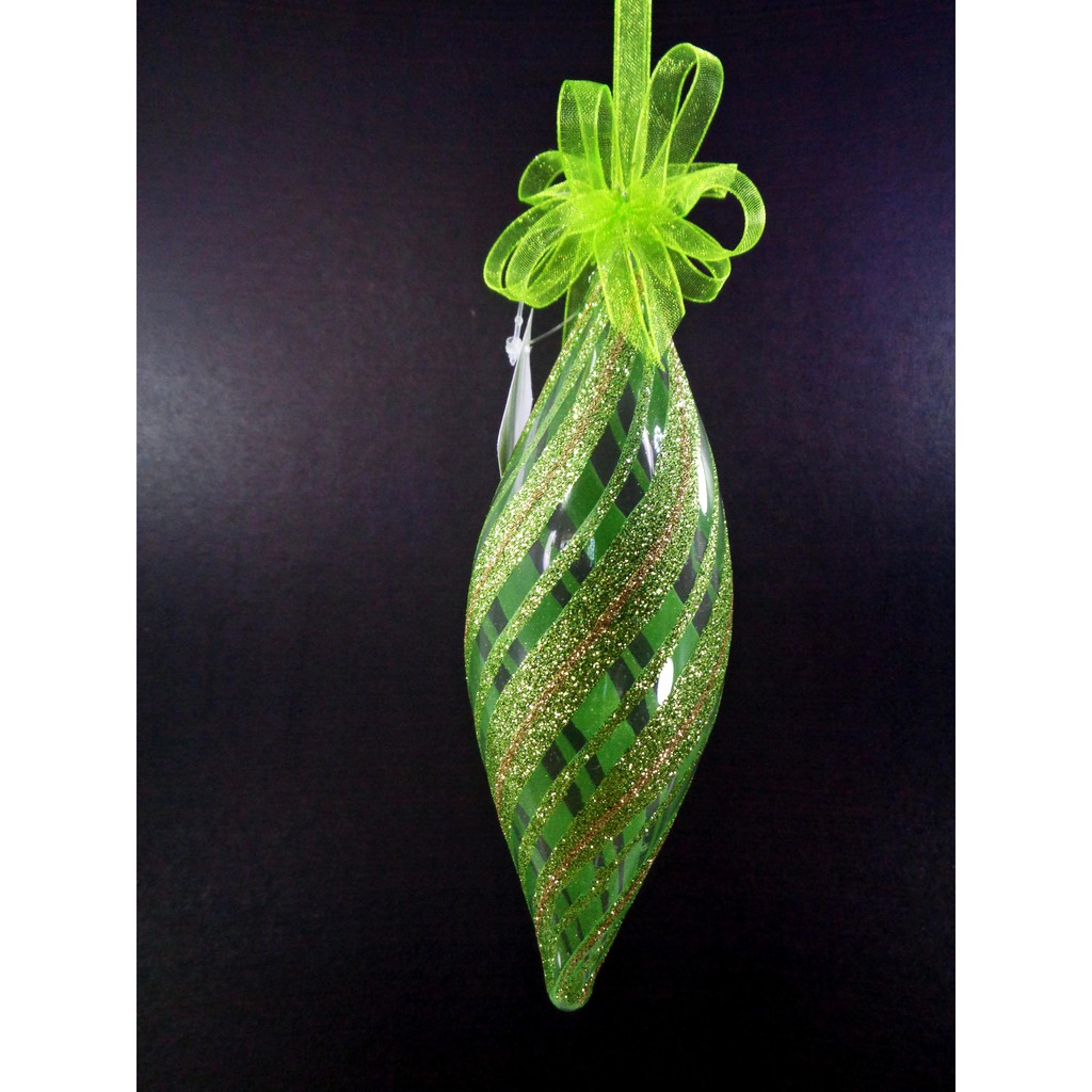 Set of 6pc Glass Christmas Oval Ornaments with Green Glitter Design and Organza Ribbon for Xmas Tree