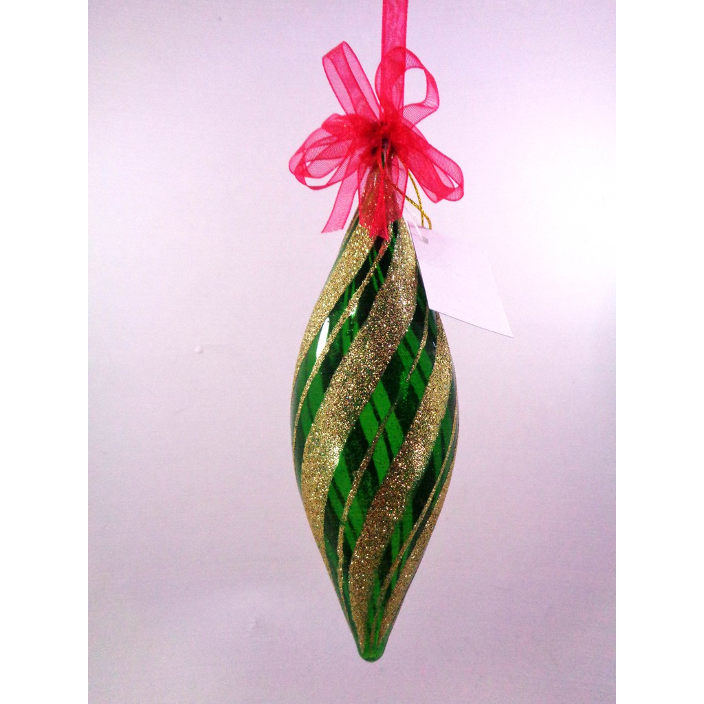 Set of 6pc Green Glass Christmas Ornaments with Gold Glitter Design and Organza Ribbon for Xmas Tree
