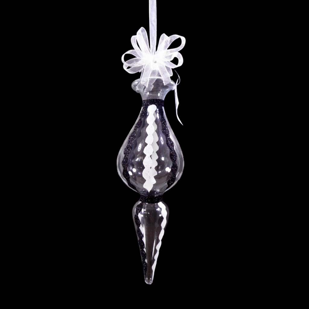 Glass Christmas Ornaments Black & White Elongated Diamond Glitter 6pc Set for Xmas Tree Decor