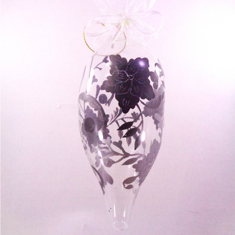 Glass Christmas Ornaments Black Floral Handpainted Design 6pc Set for Xmas Tree Decor