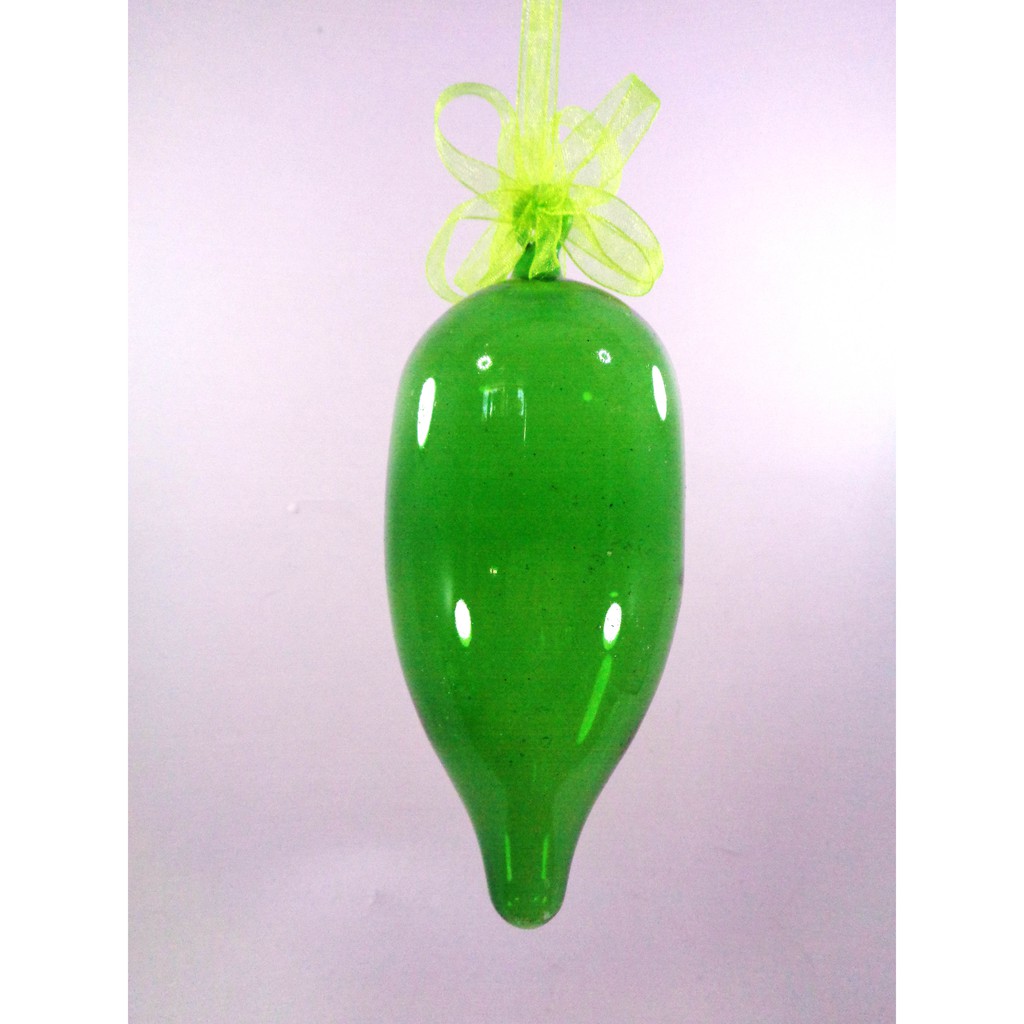 Set of 6pc Colored Green Glass Christmas Oblong Ornaments with Organza Ribbon for Xmas Tree Hanging