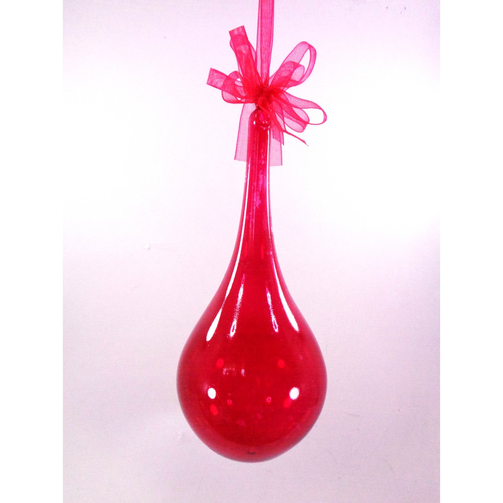 Set of 6pc Colored Red Glass Christmas Drops Ornaments with Organza Red Ribbon for Xmas Tree Hanging