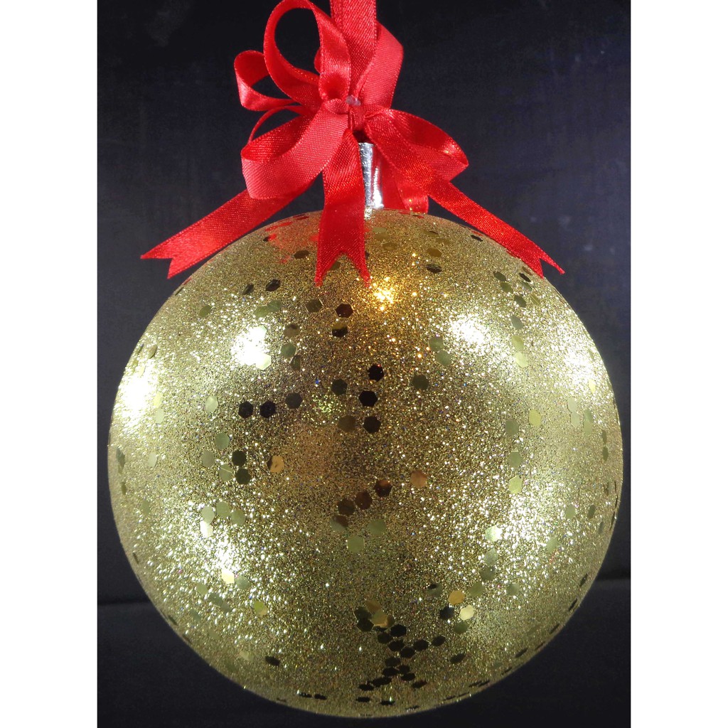 Set of 6pc Plastic Christmas Ornaments with Glitter Design and Organza Ribbon for Xmas Tree Hanging