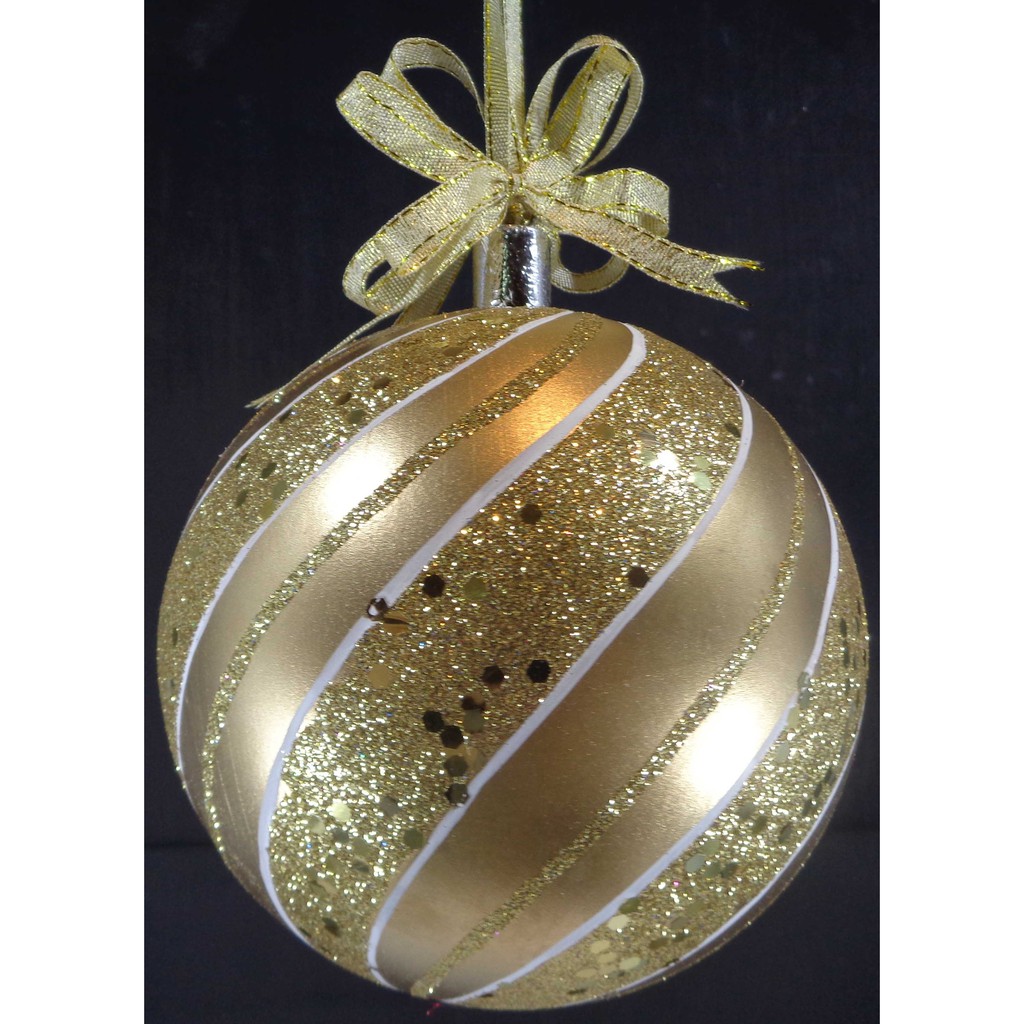 Set of 6pc Plastic Christmas Ornaments with Glitter Design and Organza Ribbon for Xmas Tree Hanging
