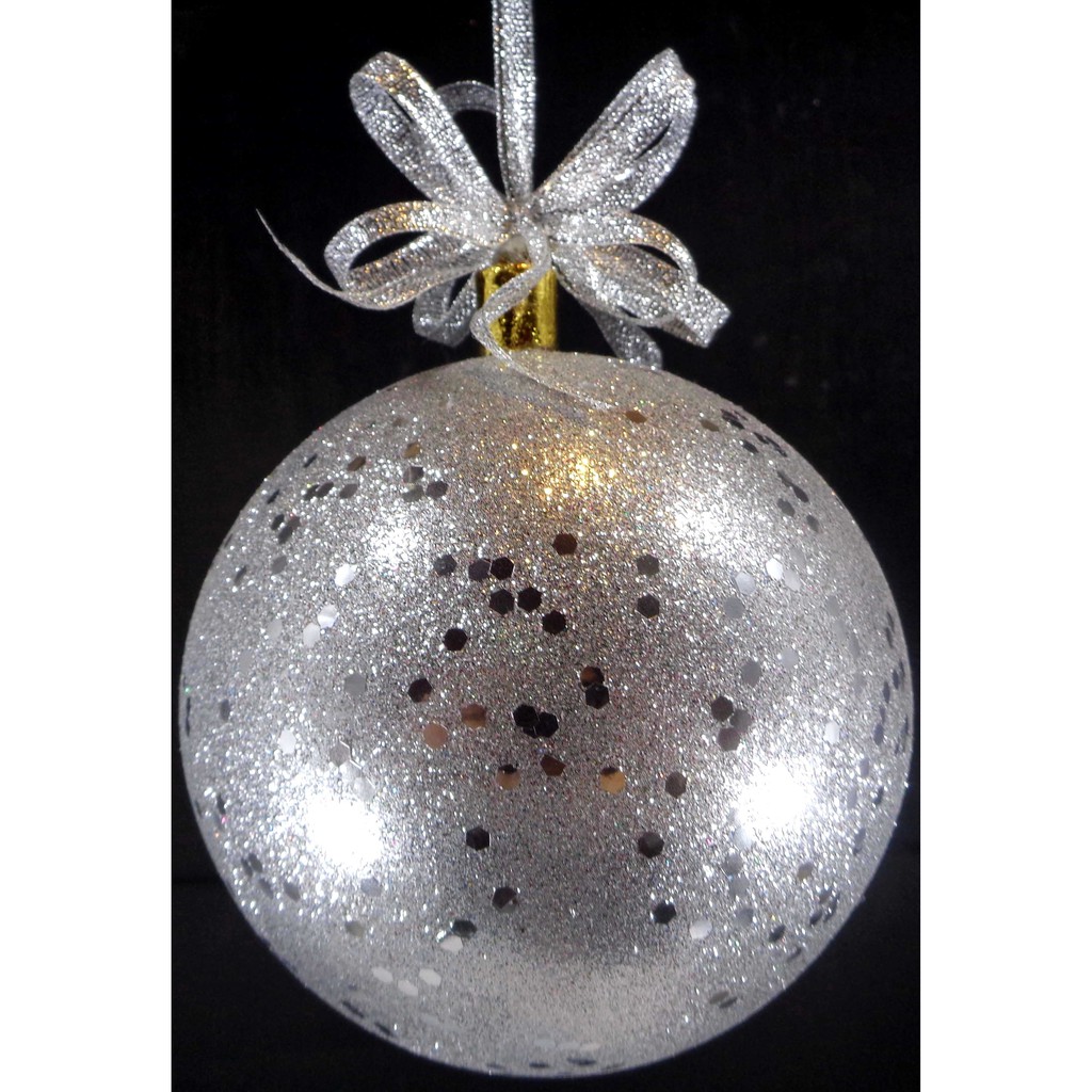 Set of 6pc Plastic Christmas Ornaments with Glitter Design and Organza Ribbon for Xmas Tree Hanging