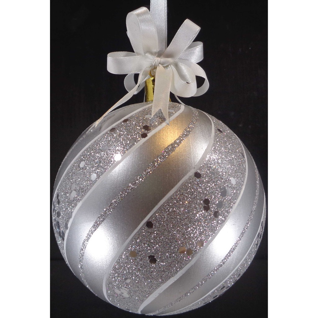 Set of 6pc Plastic Christmas Ornaments with Glitter Design and Organza Ribbon for Xmas Tree Hanging