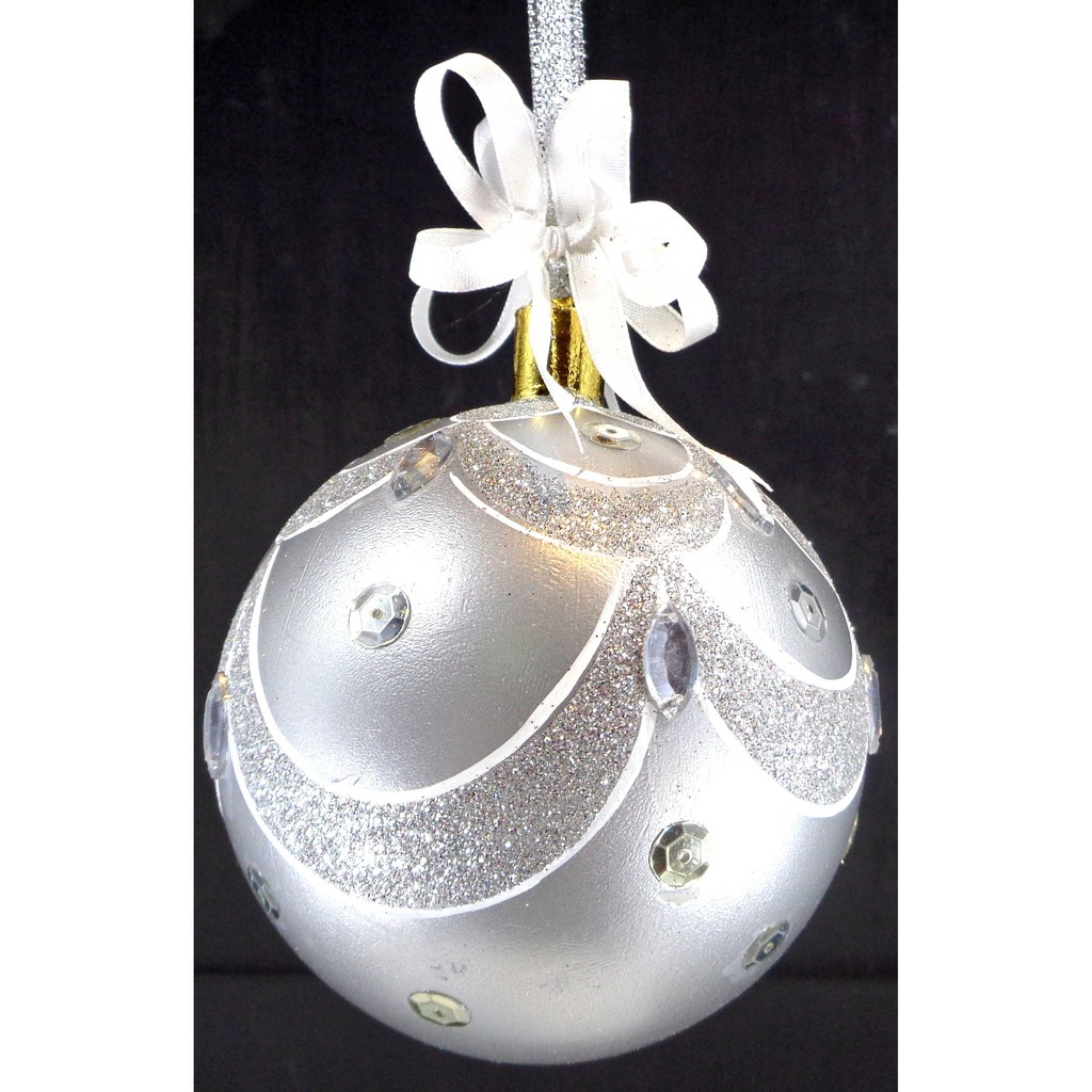 Set of 6pc Plastic Christmas Ornaments with Glitter Design and Organza Ribbon for Xmas Tree Hanging