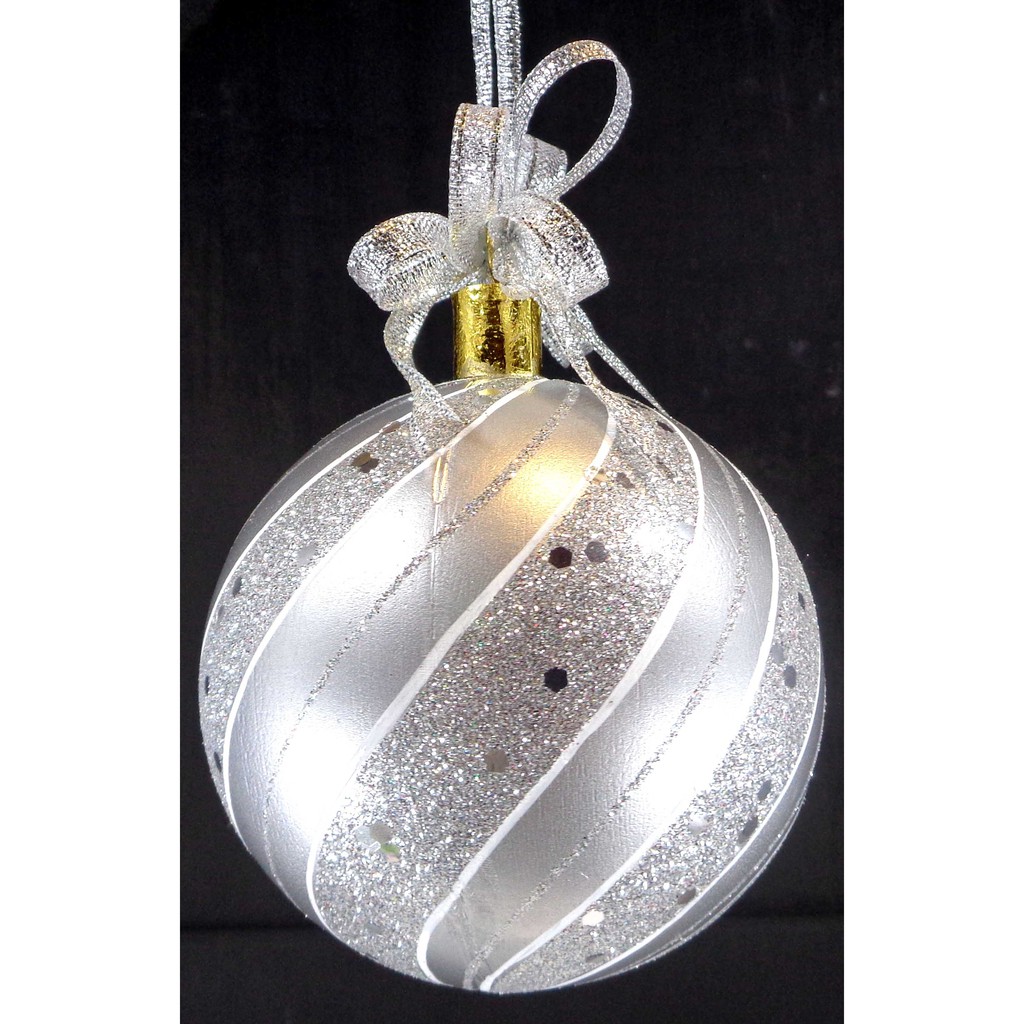 Set of 6pc Plastic Christmas Ornaments with Glitter Design and Organza Ribbon for Xmas Tree Hanging