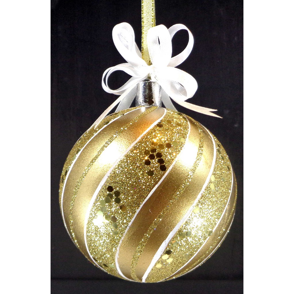 Set of 6pc Plastic Christmas Ornaments with Glitter Design and Organza Ribbon for Xmas Tree Hanging