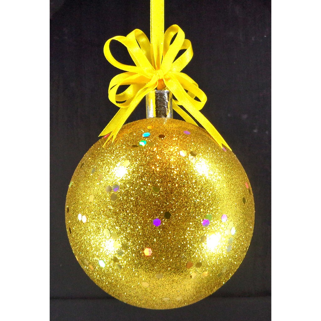 Set of 6pc Plastic Christmas Ornaments with Glitter Design and Organza Ribbon for Xmas Tree Hanging